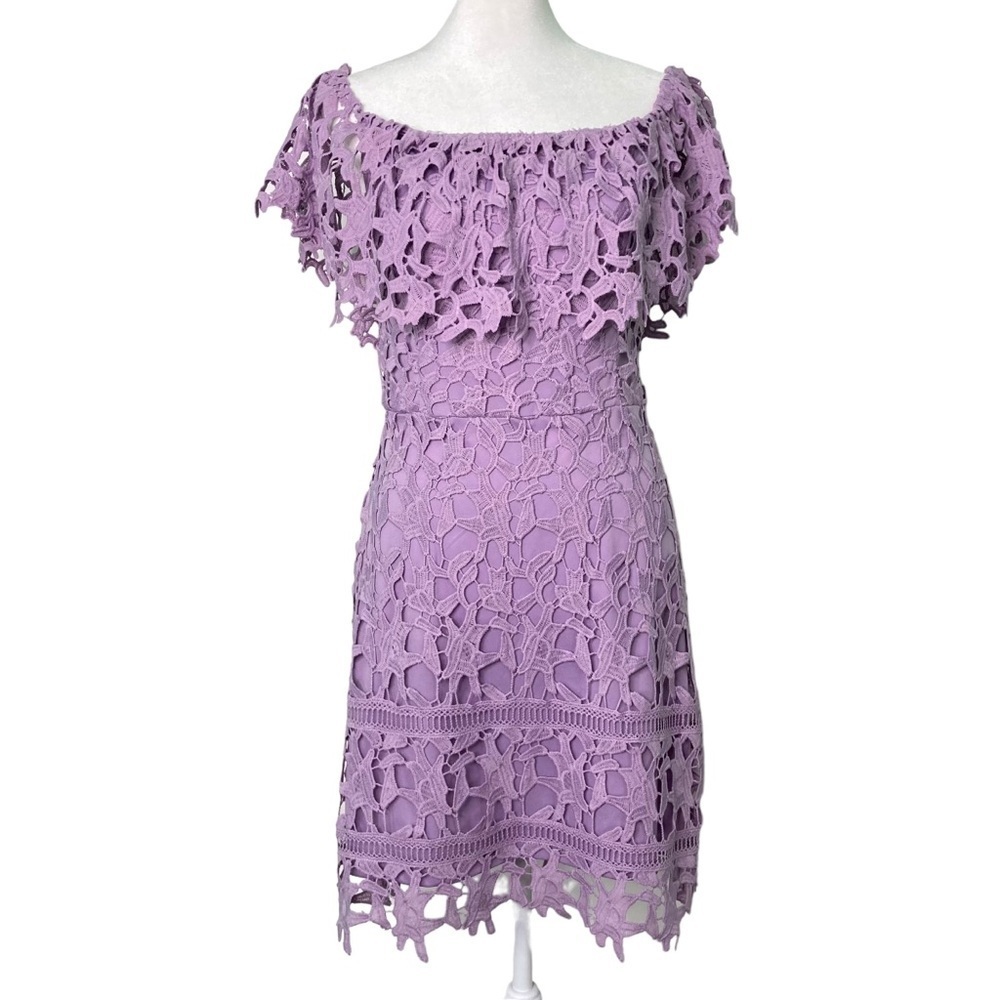 She + Sky Lilac/Purple Floral‎ Lace On/Off Shoulder Lined Mini Dress (Size L)